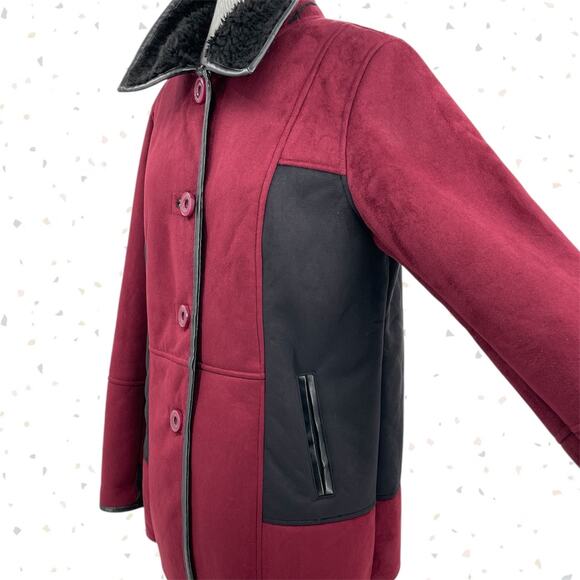 Coldwater Creek Microsuede Sherpa Lined Coat Winter Jacket Burgundy Black Petite - Picture 2 of 9